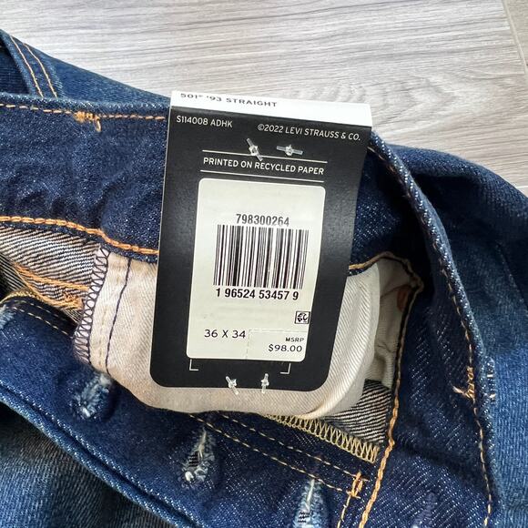 Levi's Premium 501 '93 Straight Fit Men's Dark Wash Jeans Size W36 L34 - Picture 13 of 14